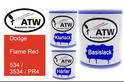 Dodge, Flame Red, 534 / 3534 / PR4: 1L Lackdose + 1L Klarlack + 500ml Härter - Set, von ATW Autoteile West.
